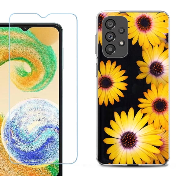 Shockproof Fashion Phone Case for Samsung Galaxy A23 5G, with Tempered Glass Screen Protector, by OneToughShield ® - Yellow Flower