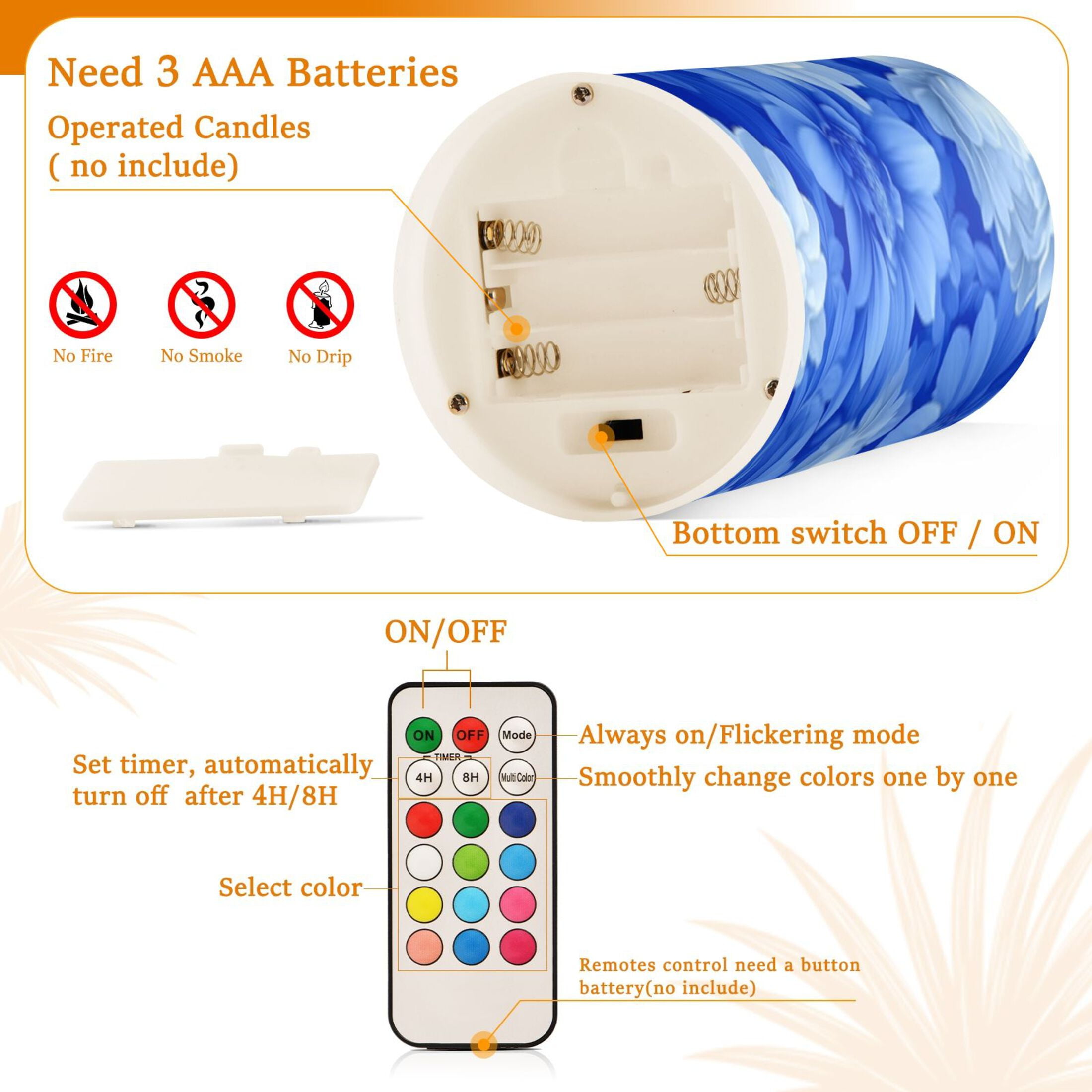 Elegant Blue Flower Flickering Flameless Candles Battery Operated with Remote Timer LED Pillar Candles Set of 2