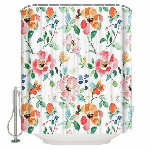 Extra Long Shower Curtain 72x84 Inch, Pink Orange Floral Shower Curtain Waterproof Bathroom Decor Summer Botanical Flower Leaf Fabric Bath Curtain Set Accessories with Hooks