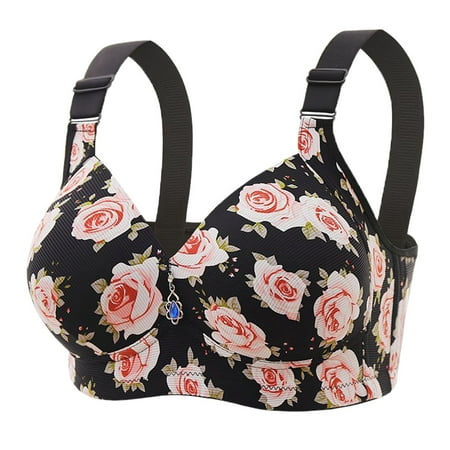 

CLZOUD Bra for Woman Plus Size Anti-Sagging Push Up Adjustable Straps Without Steel Ring Thin Rose Print Bra Black 38