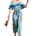 thumbnail image 1 of Biekopu Women Summer Beach Holiday Jumpsuits,Leaves Floral Print Off Shoulder Wide-Leg Pants Long Playsuits with Belt, 1 of 8