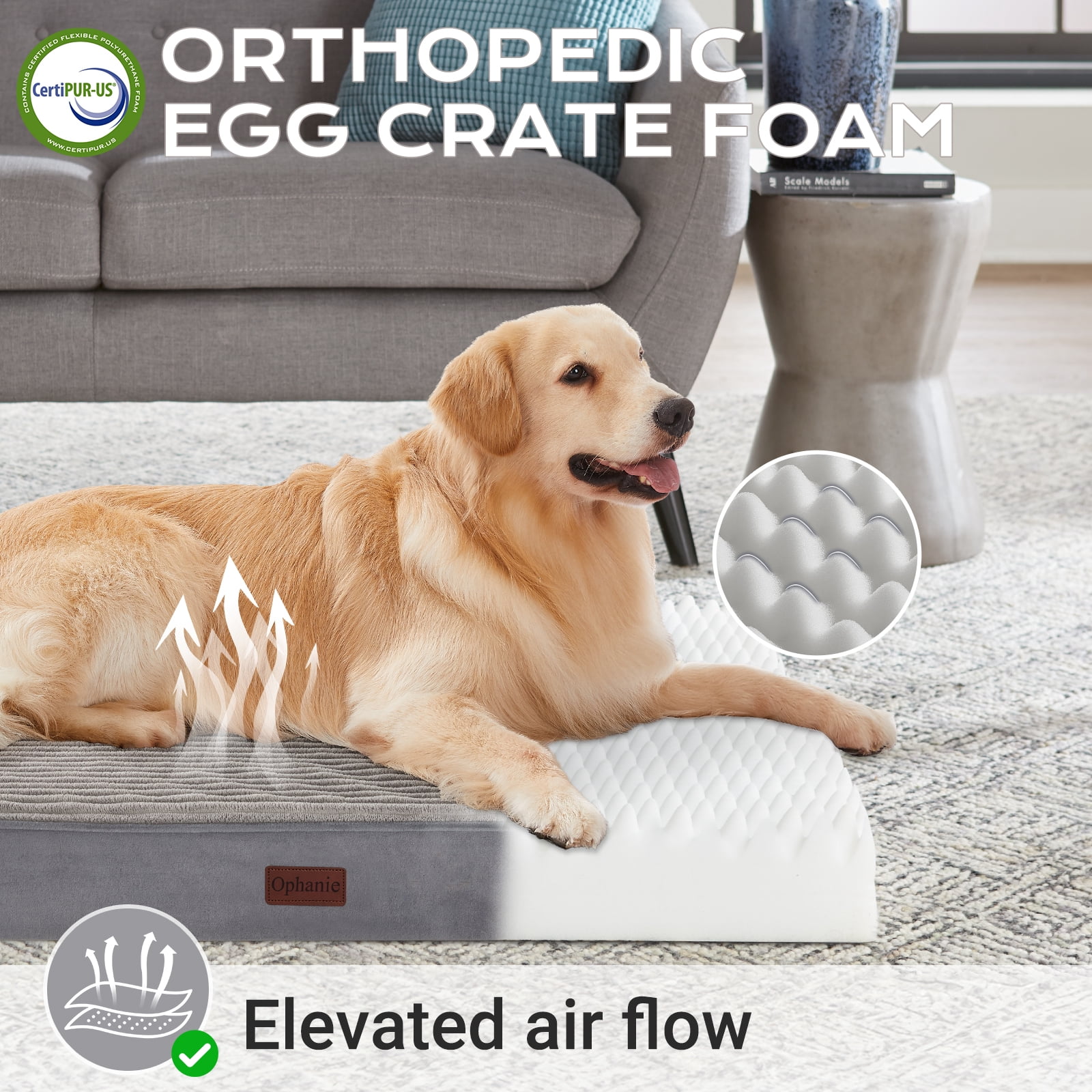 Ophanie 41in Gray Orthopedic Dog Bed for Large Dogs with Non-Slip Bottom, Waterproof and Machine Washable Removable Pet Bed Cover,XL Size(41"x28"x4")