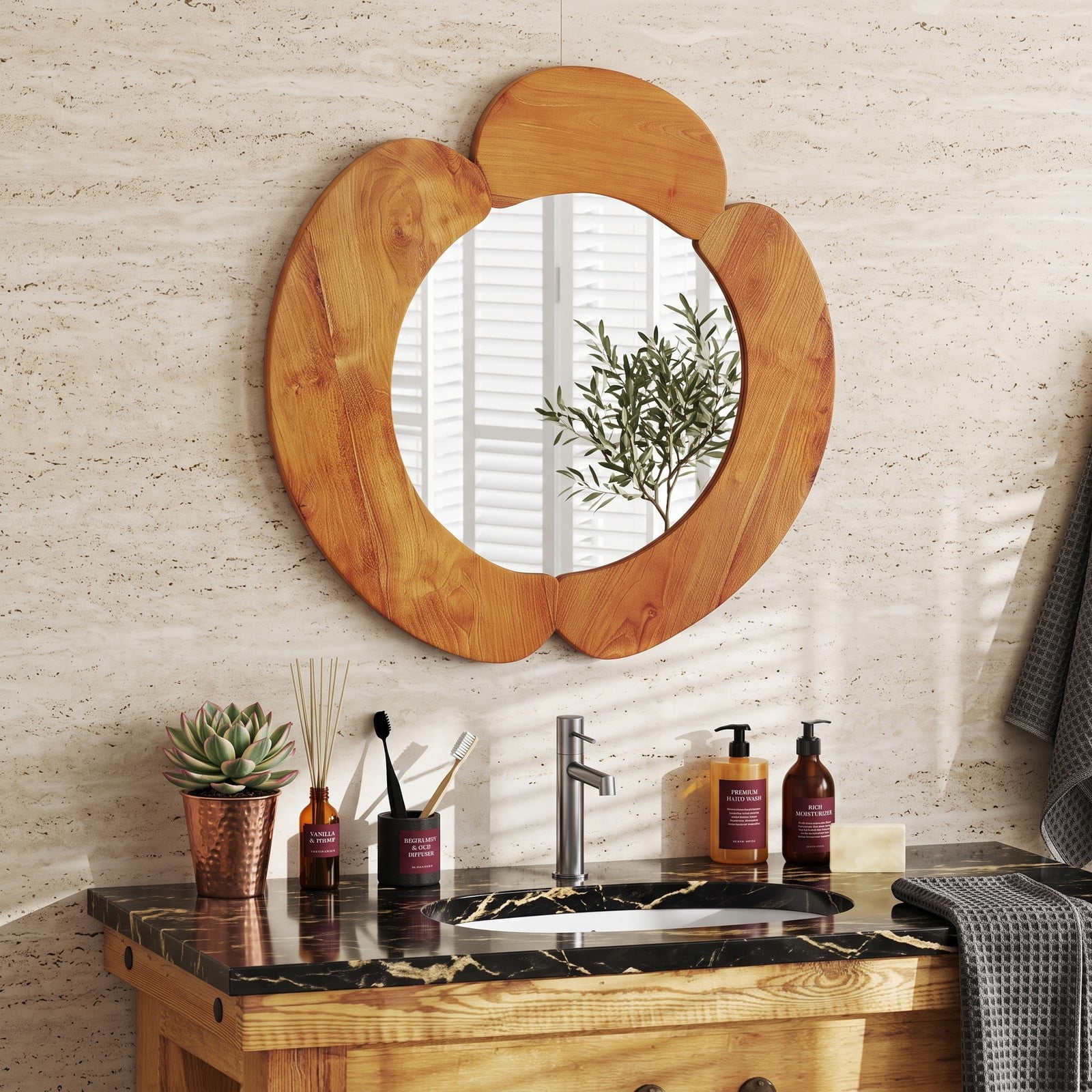 ALPULON 29 Inch Round Rustic Hanging Vanity Mirror with Solid Teak Wood Frame, Waterproof Wall Mounted Bathroom Decor Mirror for Entryway Bedroom, Natural Brown