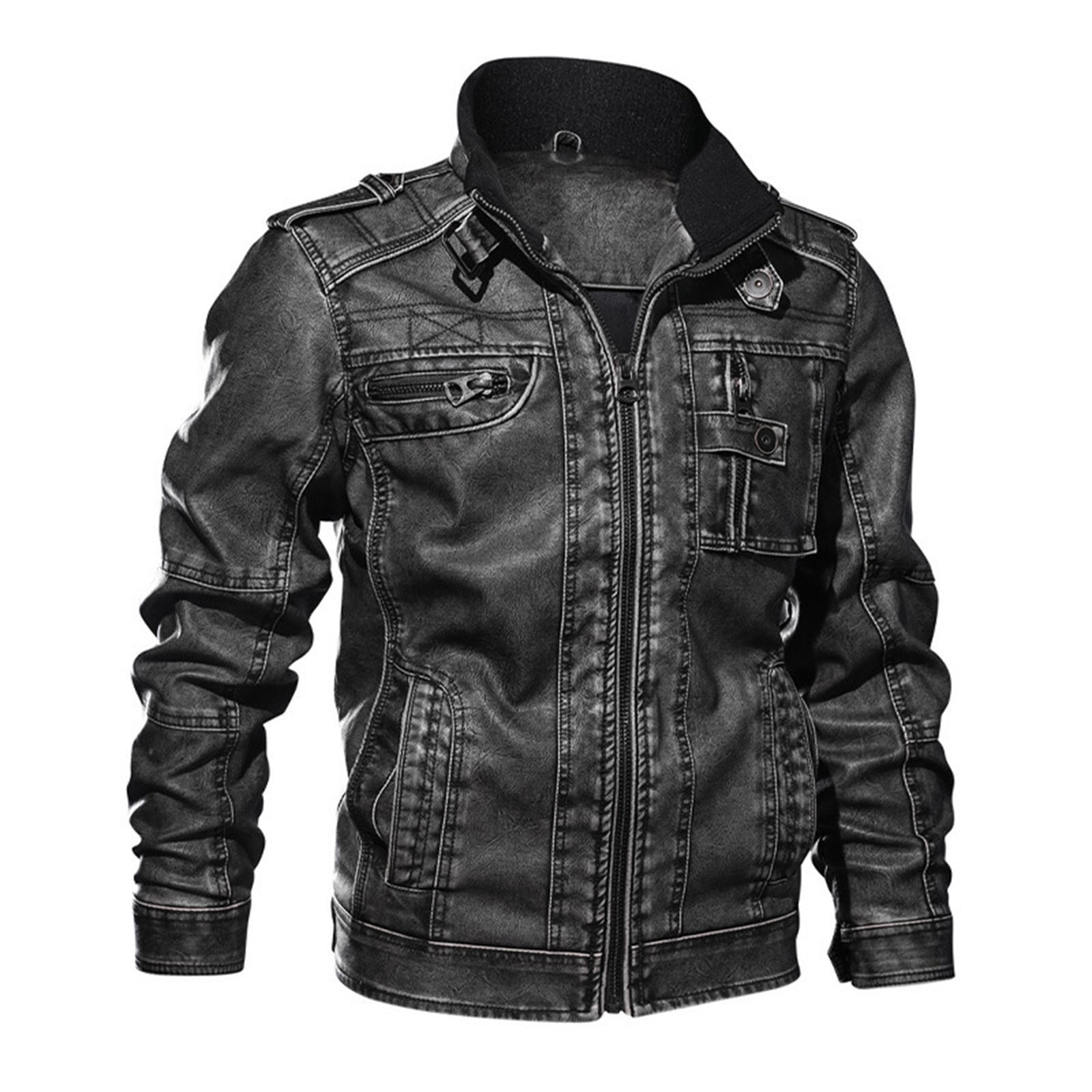 Nmnitkp Jackets for Men Easy Cleaning Care Men’s Stand Collar Leather Jacket Casual Faux Leather Motorcycle Jacket Outerwear Coat with Zipper Pockets & High Quality Fabric Leather Jacket Men