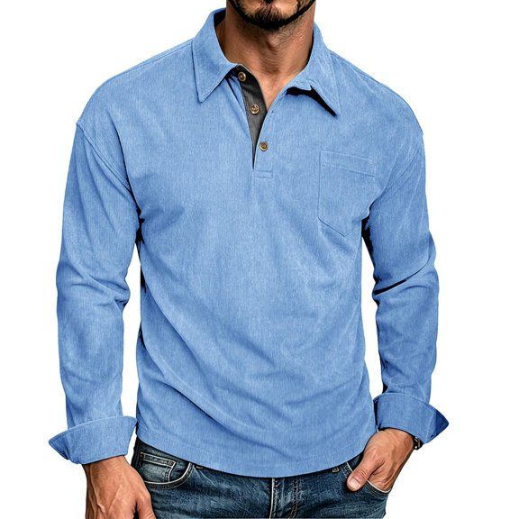 TKKCS Mens Corduroy Long Sleeve Polo Shirt- Pullover Vintage Textured Relaxed Fit Button Cuffs Casual Top with Chest Pocket Light Blue Size XL