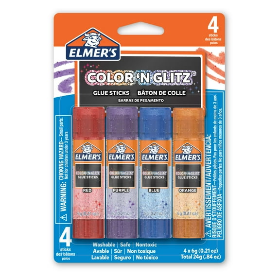 Elmer’s Color 'n Glitz Glue Sticks, Washable, Assorted Colors, 6 Grams, 4 Pack
