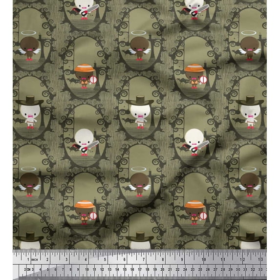 Soimoi Green polyester Crepe Fabric Hat & Devil Cartoon Print Sewing Fabric Yard 42 Inch Wide