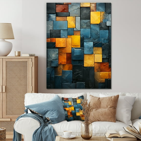 Designart "Stone Cubes in Yellow and Grey II" Abstract Canvas Wall Art - Modern Yellow Abstract Marble Entryway Wall Art Print