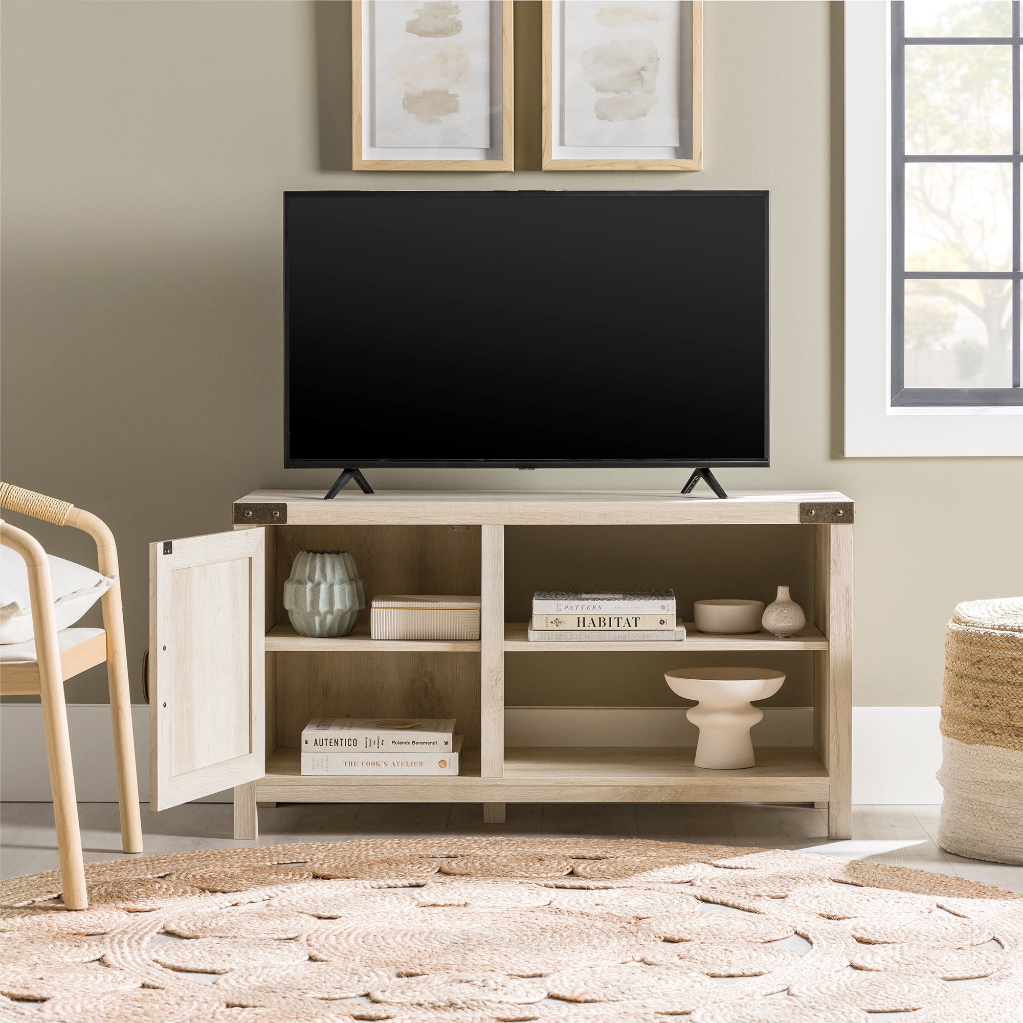 Woven Paths Farmhouse Barn Door TV Stand for TVs up to 50", White Oak