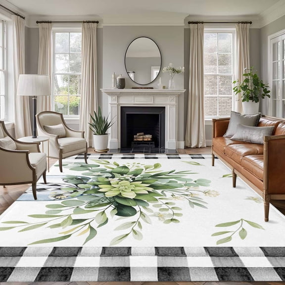 Large Area Rugs for Living Room Bedroom, Eucalyptus Leaf 5'x8' Rug Washable Carpet Runner Indoor Outdoor, Farmhouse Buffalo Plaid Green Botanical Non Slip Floor Mats Rug for Kitchen, Bathroom