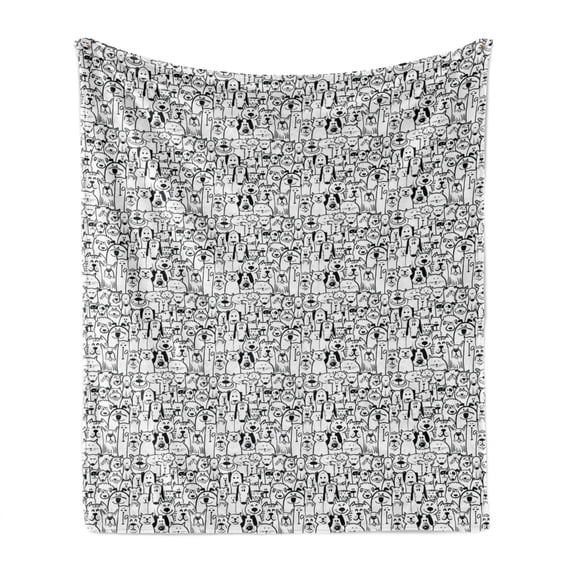 Dogs Soft Flannel Fleece Blanket, Monochrome Doodle Art Composition with Cheerful Animals Smiling Pet Faces, Cozy Plush for Indoor and Outdoor Use, 50" x 60", Charcoal Grey and White, by Ambesonne
