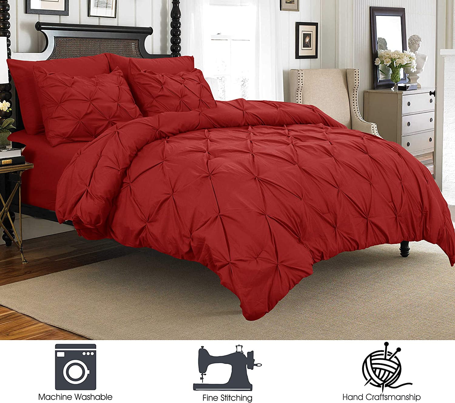 Mocassi Soft and Cozy Pinch Pleat Duvet Cover with Matching Sham, Button Closure and Corner Ties, 2-Piece Set, Full/Queen, Burgundy