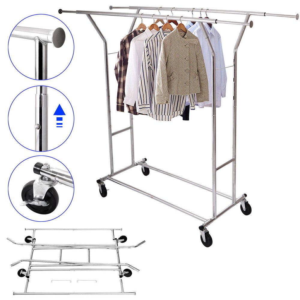Rolling Clothes Rack Sturdy, Double Rail Clothes Garment Rack, Heavy Duty Commercial Grade