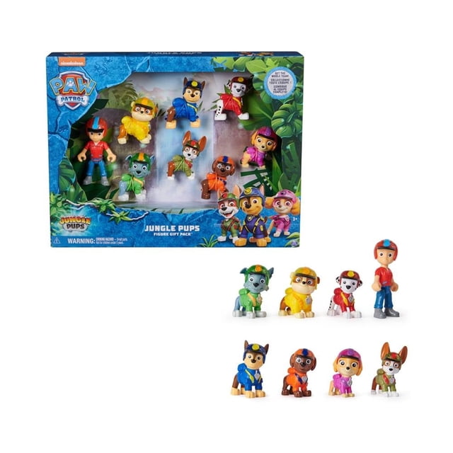 juguete preescolar spin master paw patrol set de figuras jungla pack de 8 figuras coleccionables PAW Patrol Jungle Pups: Ryder y cachorros Chase, Marshall, Rocky, Rubble, Zuma, Tracker y Skye en mini figuras de plástico pintado, vista frontal en caja con ventana y las figuras colocadas frente al empaque sobre fondo blanco; a menudo usado para juegos de simulación y colecciones infantiles.