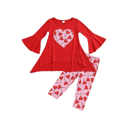 

FINELOOK Little Girl Tops Set Flared Long Sleeve Round Neck Tops Elastic Waist Pants for Spring Red 18-24 Months