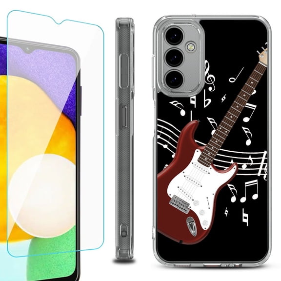 Shockproof Bumper Phone Case for Samsung Galaxy A14 5G, with Tempered Glass Screen Protector, by OneToughShield ® - Guitar Red