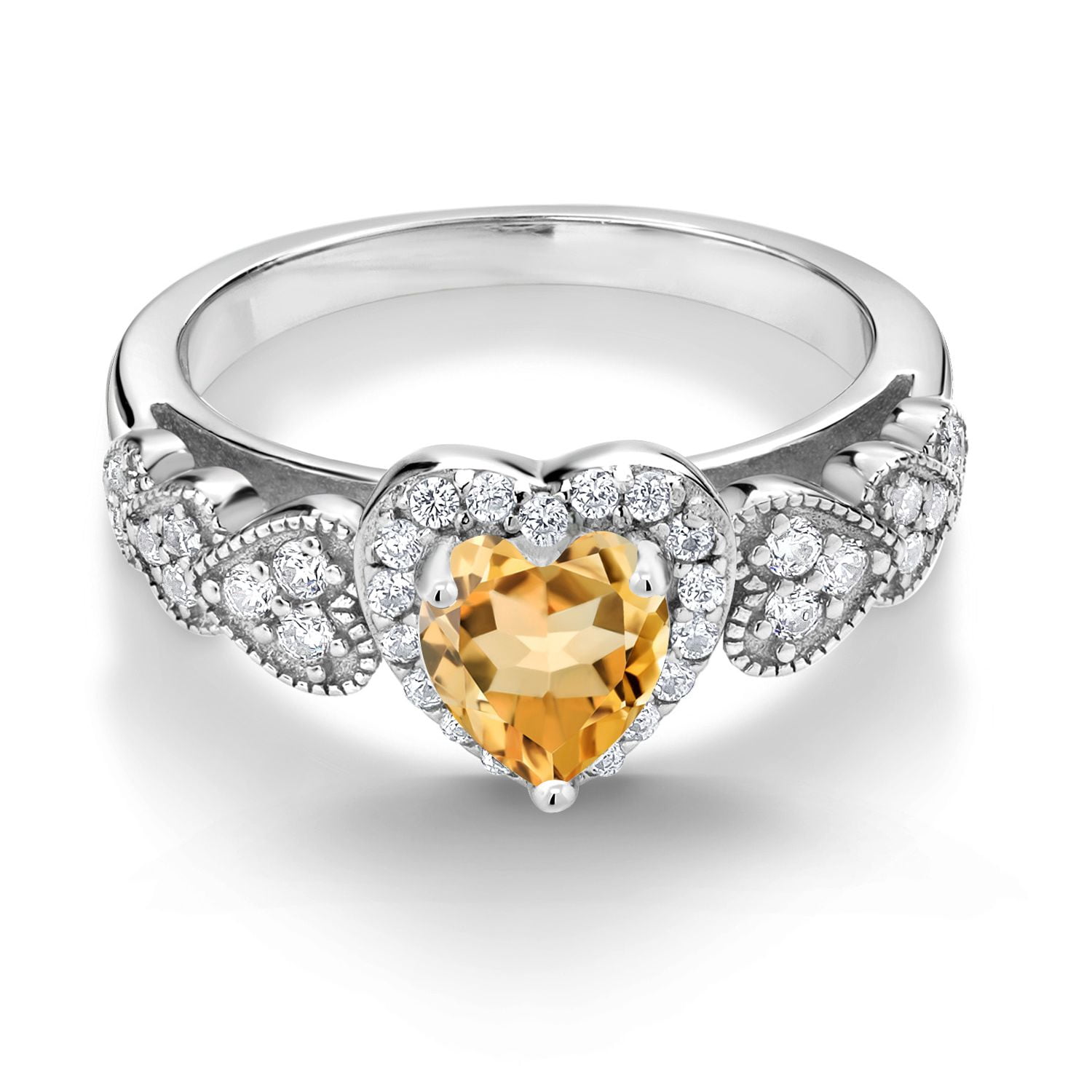 Gem Stone King 925 Sterling Silver Yellow Citrine Ring for Women (1.08 Cttw, Heart Shape 6MM, Gemstone Birthstone, Available in Size 5, 6, 7, 8, 9)