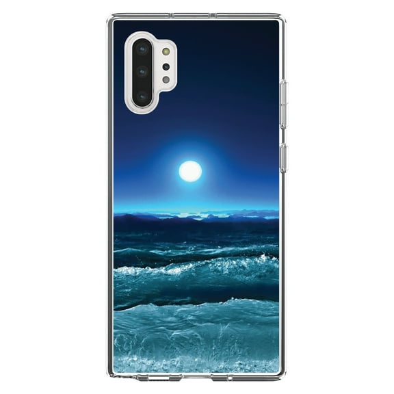 DistinctInk Clear Shockproof Hybrid Case for Galaxy Note 10 PLUS (6.8" Screen) - TPU Bumper, Acrylic Back, Tempered Glass Screen Protector - Moonlit Ocean Waves