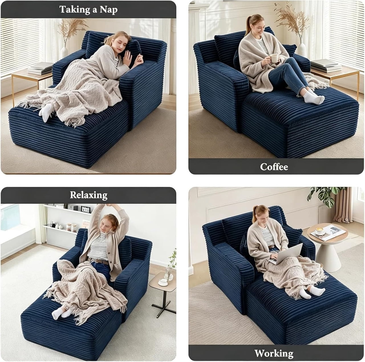Indoor Single Chaise Lounge Sofa Chair, Modern Corduroy Upholstery Sleeper Bed Lounger Sofa Chair for Living Room,Office,Apartment, 39.4''x65.4''