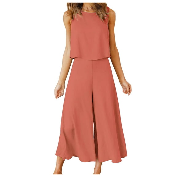 Maean Summer Two Piece Outfits for Women Round Neck Back Zipper Sleeveless Tops Wide Leg Dress Capri Pants Sets