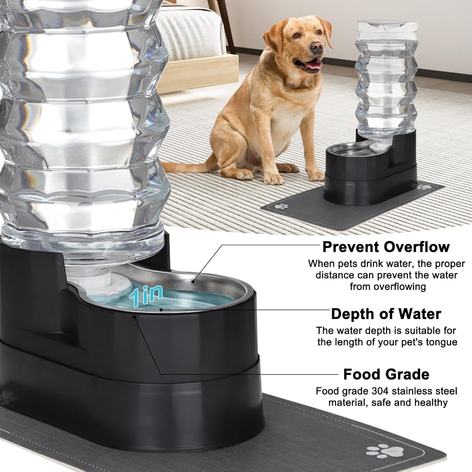Dog Water Dispenser Bowl: 9L Large Black Automatic Stainless Steel Pet Feeder with Triple Filter and Specialized Brush - for Dogs Good for Joint Health - Garden Garage