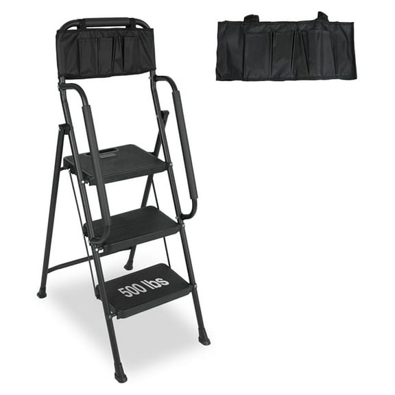 3 with Handrails & Attachable Tool Bag, 500 lbs Folding Step Stool Ladder, Wide Non-Slip Pedal for Kitchen Pantry Home Office, Black