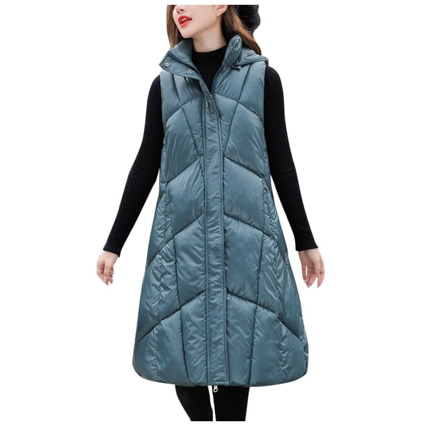Gibobby Chamarra acolchada para mujer, Chaleco Largo de Plumas para Mujer, Elegante Chaleco Largo de Plumas con Capucha para Invierno(Verde,G)