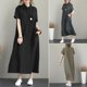thumbnail image 3 of Vestido informal de mujer negro 2XL estilo japonés color sólido algodón y lino solapa manga corta bolsillo suelto, 3 of 8