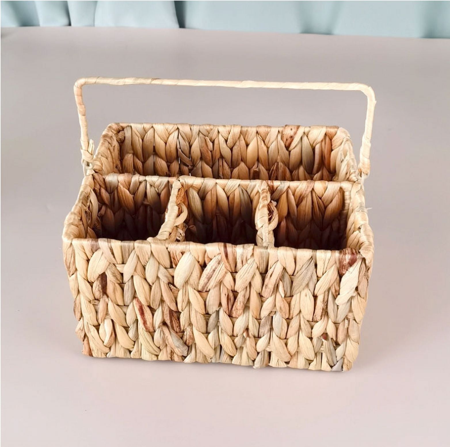 Woven Divided Cutlery Storage Organizer, Wicker Flatware Organizer,Rectangular Basket Holder for Kitchen Table, Cabinet, Pantry - Utensil Caddy for Forks, Knives, Spoons, 10 x 7.9 x 5.9 inches