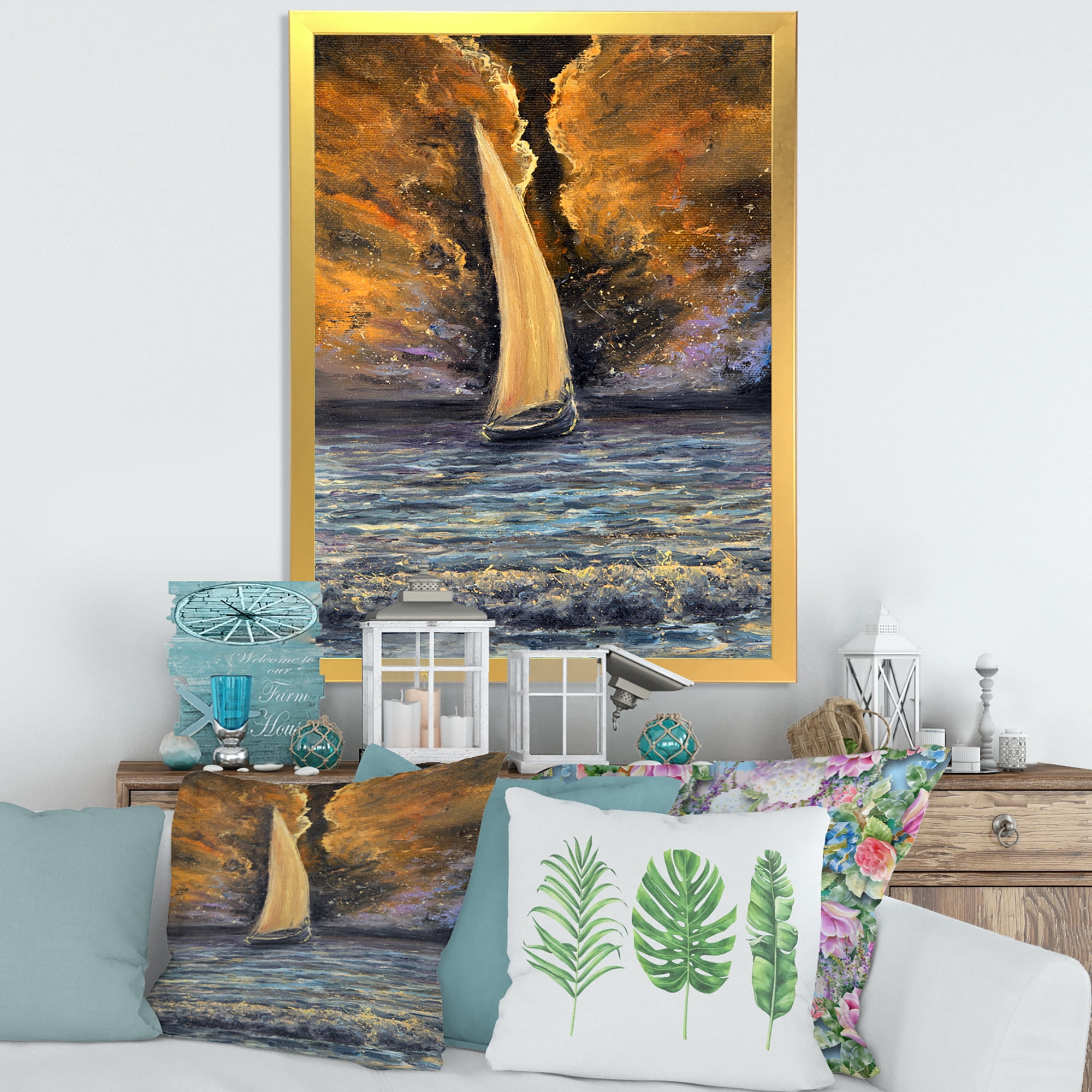 Designart 'Sailship On The Ocean At Morning' Nautical & Coastal Framed Art Print