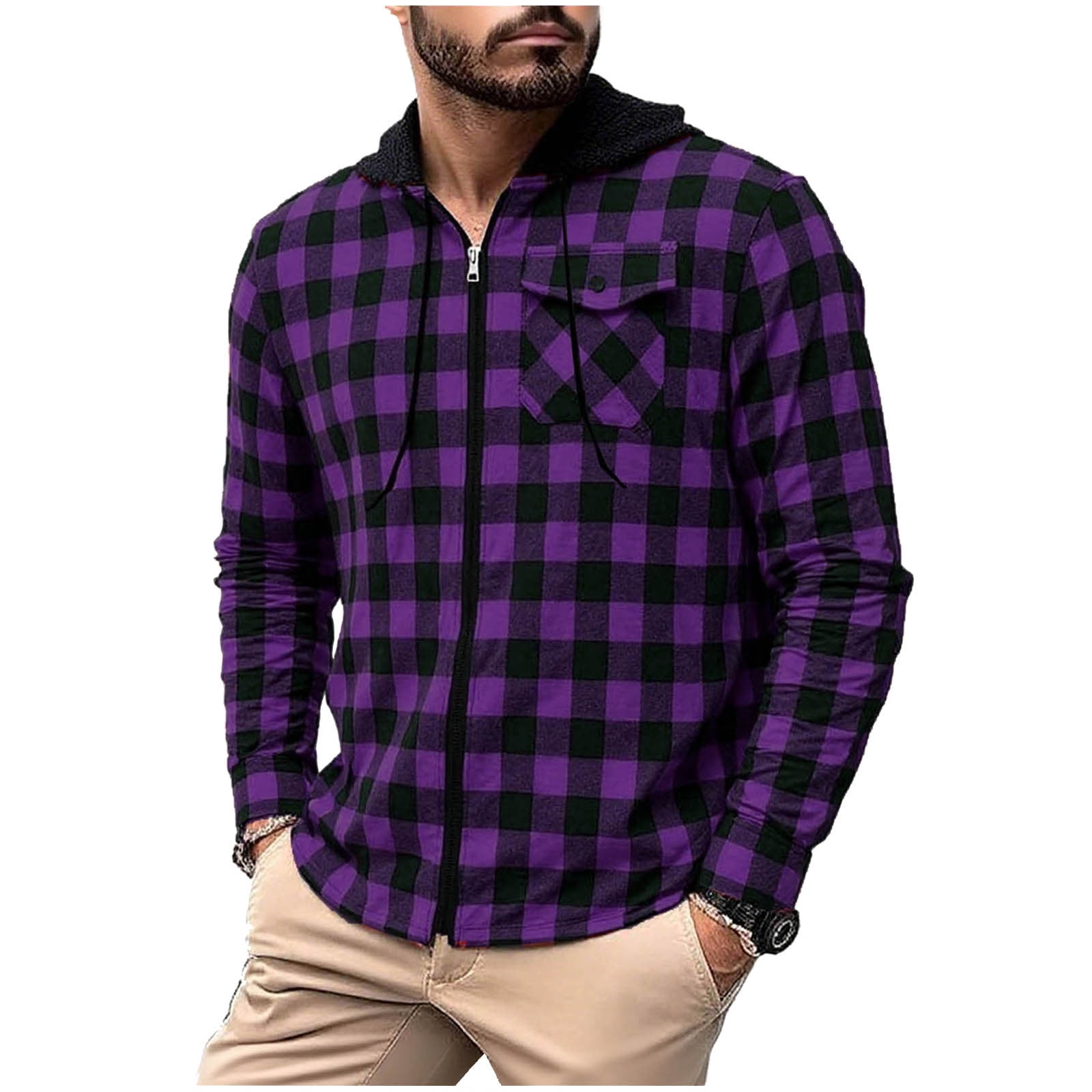 Men's Flannel Hoodie Shirts Casual Zip up Plaid Shirt Jackets for