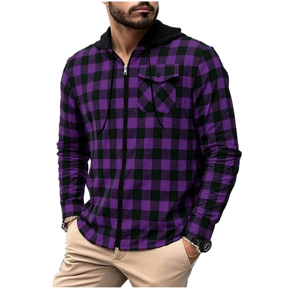 qucoqpe Mens Fashion Hooded Shirt Long Sleeve Plaid Flannel Dress Zip Up Shirt with Pockets