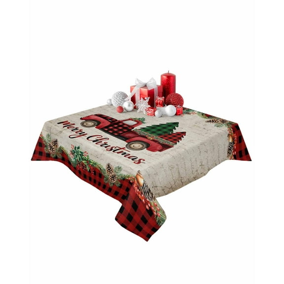 Square Tablecloth 60 x 60 Inches Red Truck Christmas Trees Black Waterproof & Stain Resistance Table Cloth Decorative Fabric Table Cover for Dinning/Party/Buffet/Banquet