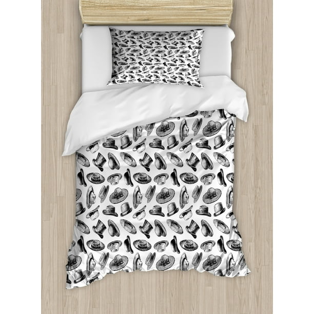 Mens Duvet Cover Set Twin Size Sketch Style Composition Of Hats Top Hat Fedora Twenties Mens Duvet Cover Set Twin Size Sketch, Mens King Size Bedding Sets