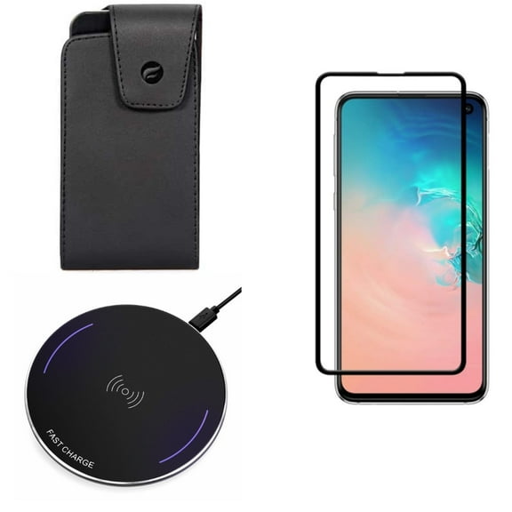 Galaxy S10e Case Belt Clip w Screen Protector w Wireless Charger - Leather Swivel Holster, Tempered Glass 5D Curved Edge, Fast 7.5W and 10W Charging Pad for Samsung Galaxy S10e Phone