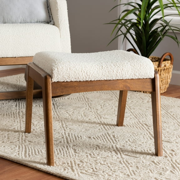 Baxton Studio Roxy Mid-Century Modern Off-White Boucle Upholstered and Walnut Brown Finished Wood Ottoman Footstool