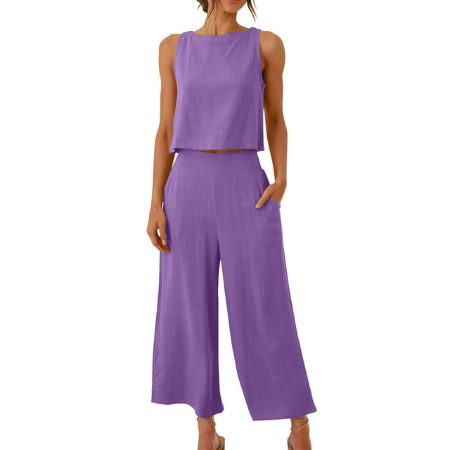Ensemble en Coton et Lin pour Femmes 2 Pcs Tenues Sans Manches Col Rond Débardeurs Pantalons Larges Palazzo Ensembles Assortis