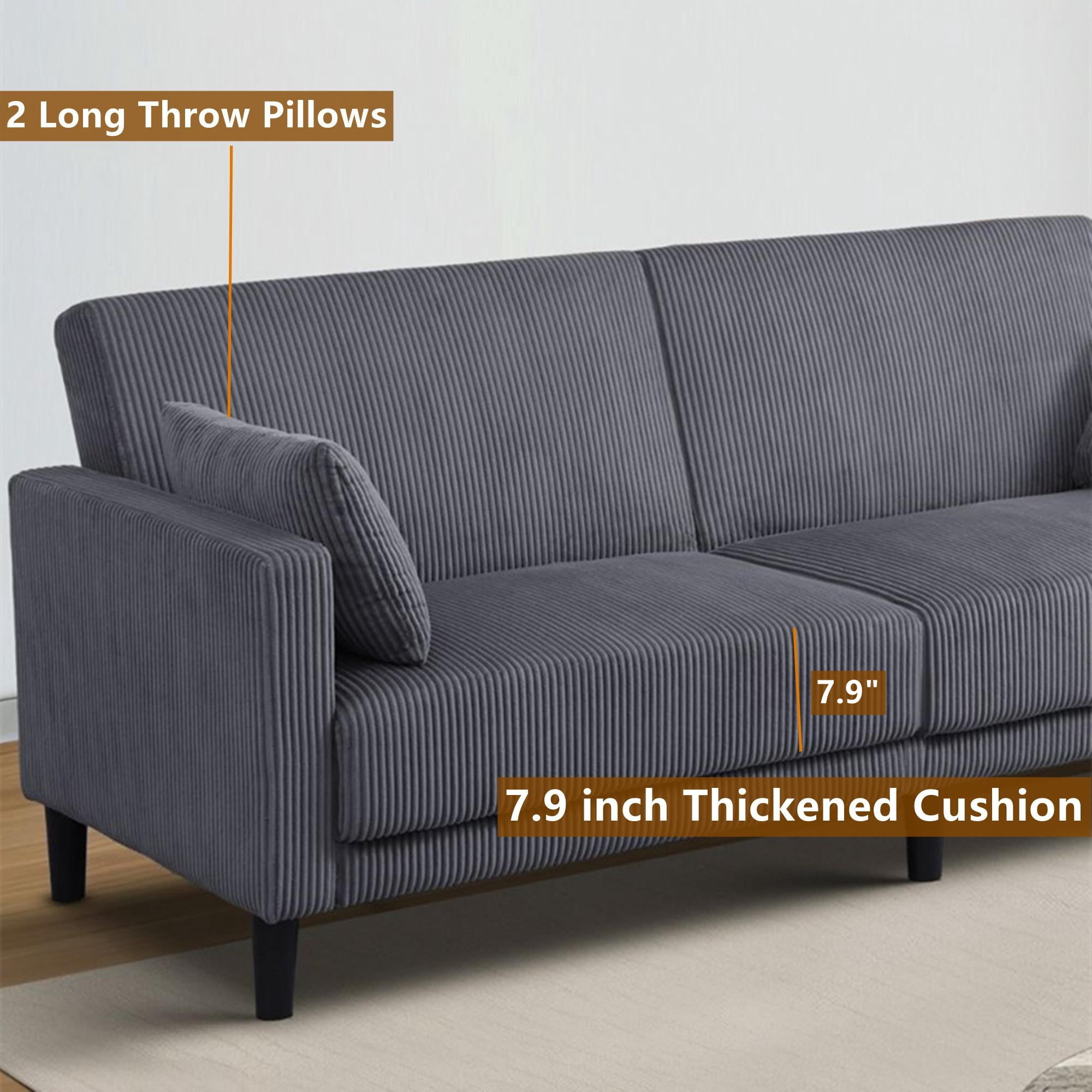 Aukfa 81" Oversized Futon Convertible Sofa Bed for Living Room, 2 Pillow, Corduroy Couch, Dark Gray