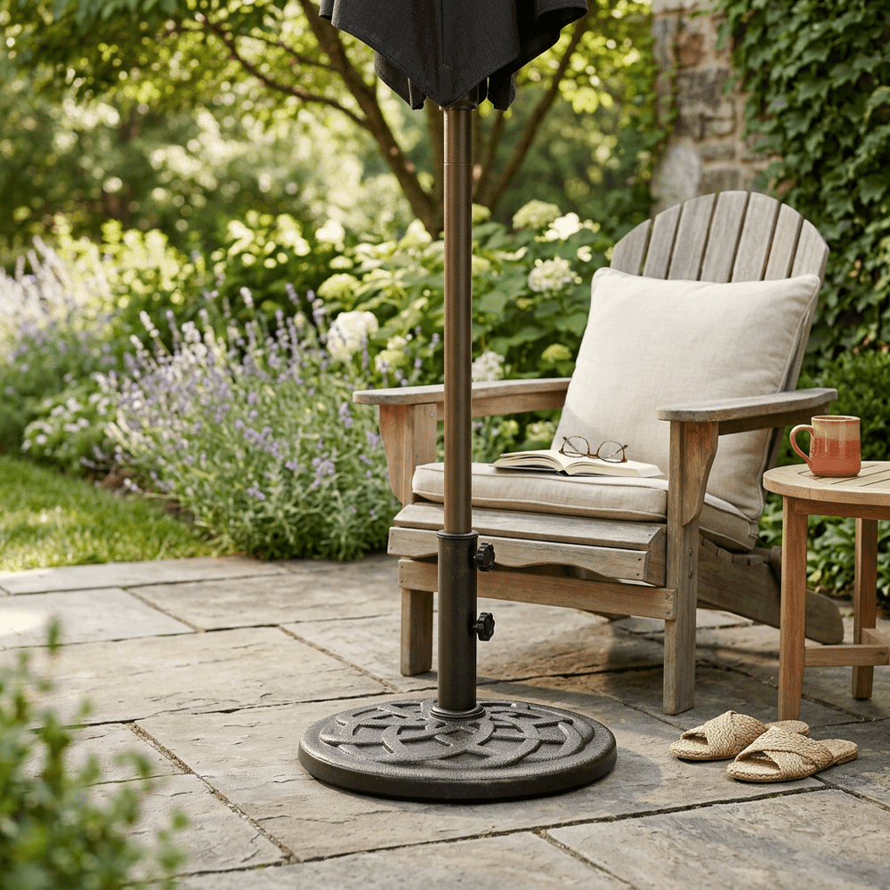 Heavy Duty Patio Umbrella Base Stand, Outdoor Market Umbrella Holder with 2 Removable Adapters, Fits Poles Up to 1.9 Inches for Yard, Deck & Garden