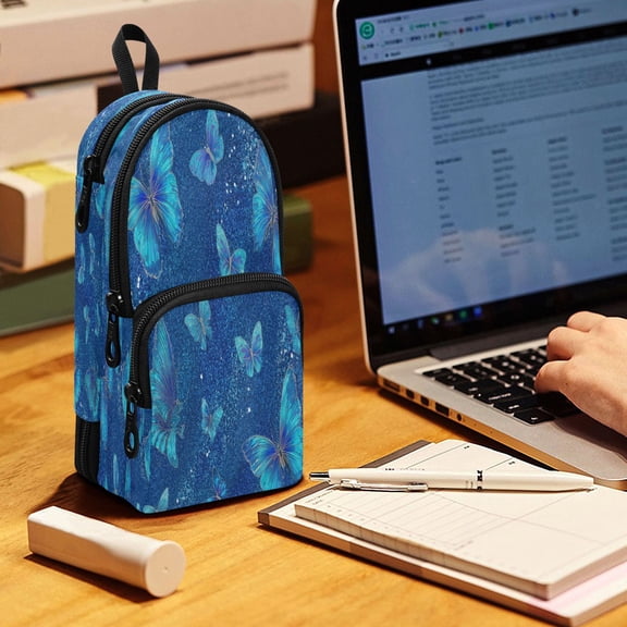 Backpack Pencil Case, 3 Compartment Large Capacity Oxford Fabric Pencil Pouch / Blue Glitter Butterfly