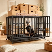 TIME RAY 48 Inch Heavy Duty Dog Crate,Indestructible High Anxiety Dog Cage for Outdoor and Indoor with Lock, Double Door & Removable Tray,Black