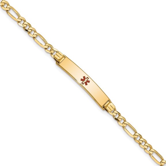Auriga Fine Jewelry 14K Yellow Gold Red Enamel Figaro Id Bracelet 7 inch for Women(L- 7inch, W- 5.5mm)