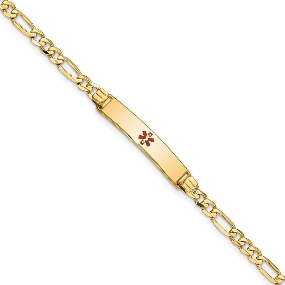 Auriga Fine Jewelry 14K Yellow Gold Red Enamel Figaro Id Bracelet 7 inch for Women(L- 7inch, W- 5.5mm)