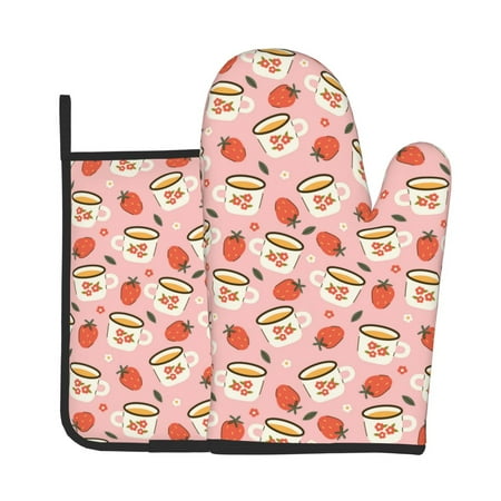 

Xecao Floral Mugs And Strawberries Pattern Oven Mitts and Pot Holders Sets Heat Resistant Silicone Oven Mittens Extra Thicken Long Kitchen Cotton Oven Glove for Cooking