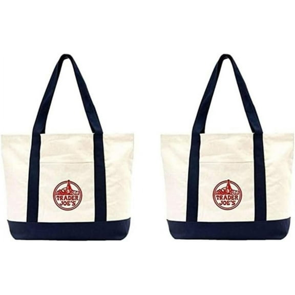 Trader Joe's Large Tote Shopping Bag Cotton Canvas Embroidered Bag (Set of 2)
