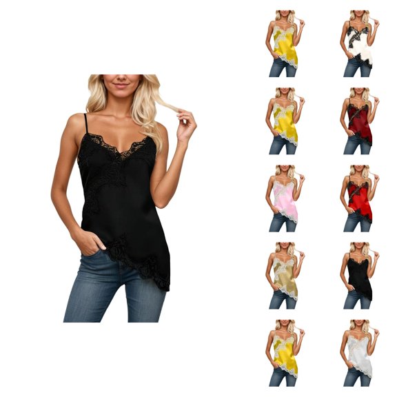 Lace Camisole Tops for Women Summer Casual Slim Fit Spaghetti Strap V Neck Asymmetrical Hem Going out Tank Tops