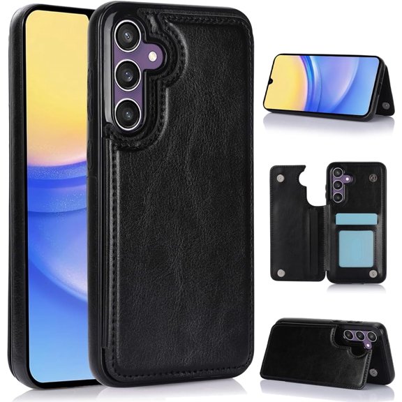 Design for Galaxy A15 5G Case with Credit Card Holder Slot PU Leather Wallet Phone Cases Stand Kickstand Durable Shockproof Protective Cover for Samsung A 15 Women Men 6.5 inch Black