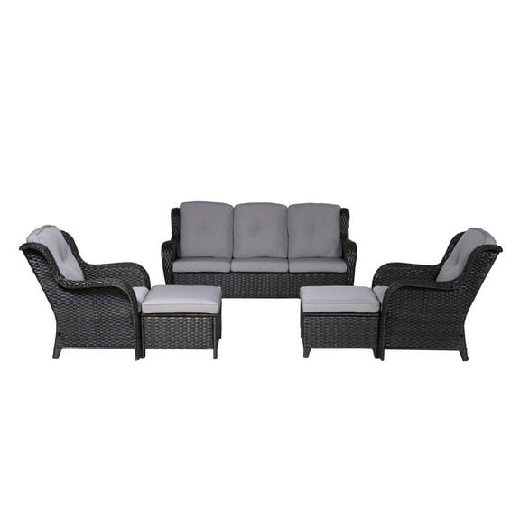 Brown 5-Piece Wicker Patio Conversation Seating Set with Gray Cushions