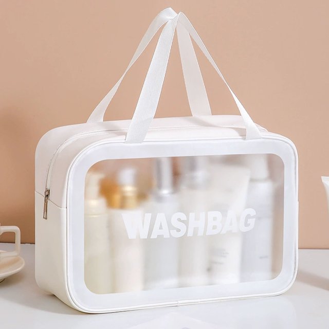 Large Size Transparent Waterproof Toiletry Organizer Bag - PU & PVC Multifunctional Travel Storage Pouch with Zipper Closure for Cosmetics, Toiletries, Stationery - Solid White Adult Makeup &
