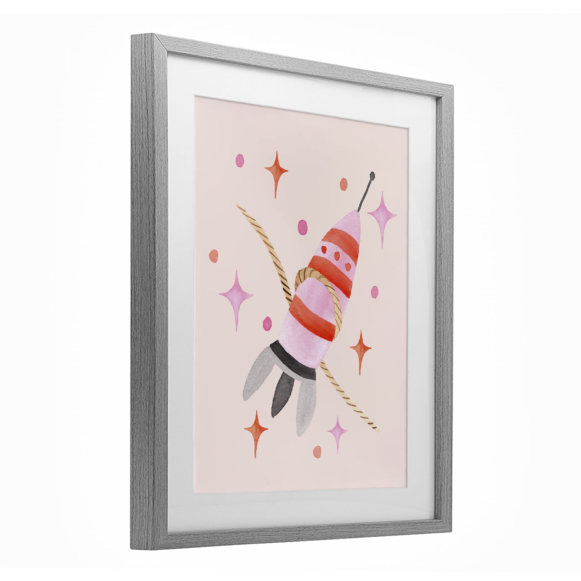 Spaceship with Lasso Gray Framed Print Under Glass, design by Nina Jacobs